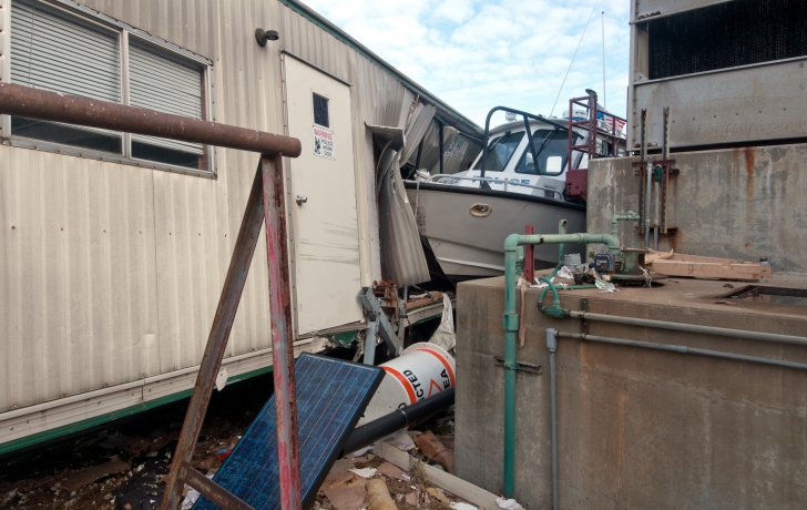 The U.S. Park Police’s boat, which was lifted onto the island, crashed into a trailer. The U.S. Park Police’s boat, which was lifted onto the island, crashed into a trailer.